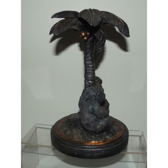 2 Monkies Figurine Under Palm Tree Statue 8" monkey bronze color chalk or resin? - Picture 6 of 9